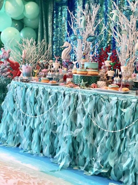 Under the Sea Dessert Table from an Under the Sea Birthday Party on Kara's Party Ideas | KarasPartyIdeas.com (16) Under The Sea Dessert Table, Sea Dessert, Sea Birthday Party Decorations, Under The Sea Decorations, Sea Party Ideas, Under The Sea Birthday Party, Ocean Birthday Party, Mermaid Birthday Party Decorations, Ocean Birthday