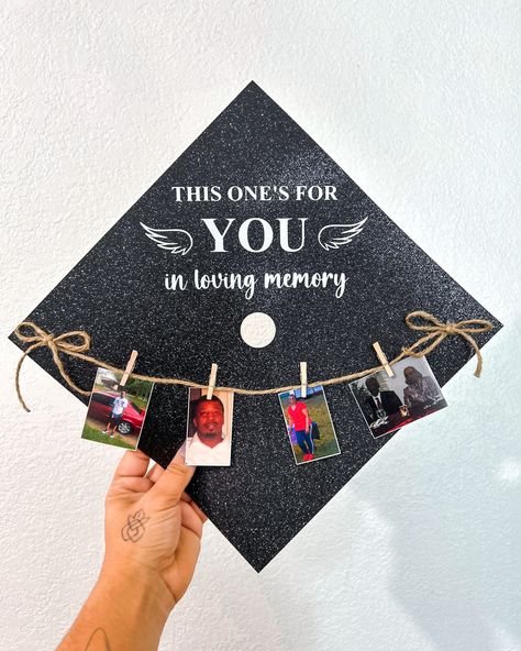 Grad Cap Design for People Who have Passed Away Graduation Cap Remembrance, Graduation Cap Designs Loved Ones, Tribute Graduation Cap, Boho Grad Cap Ideas, Memorial Grad Cap, Senior Grad Caps, Graduation Cap Ideas For Lost Loved Ones, Unique Grad Cap Ideas, Memorial Graduation Cap Ideas