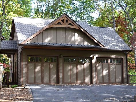 053G-0029:Three-Car Garage Plan Three Car Garage Plans, 3 Car Garage Plans, Rocking Chair Front Porch, Mountain Craftsman, Craftsman Garage, Overhead Garage Door, Garage Addition, Garage Loft, Garage Exterior