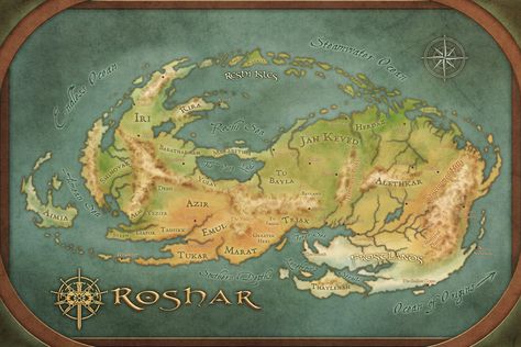 Roshar Map from The Stormlight Archive, Koriel Kruer on ArtStation at https://www.artstation.com/artwork/KaZlNG Map Of Roshar, Roshar Map, Fantasy Map Creator, The Stormlight Archive, Planet Map, My Map, Sea Map, The Way Of Kings, Fantasy Words