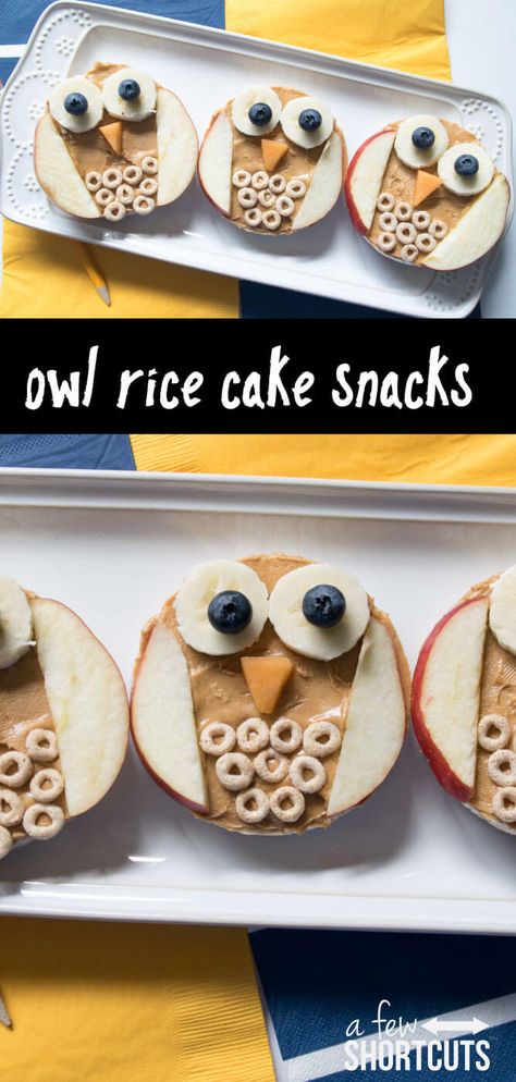 These Owl Rice Cake Snacks are a wise choice for picky eaters. Check out this simple recipe for a healthy snack for the kids! Rice Cake Snacks, Snacks For Kids, Preschool Snacks, Toddler Snacks, Fun Kids Food, Food Crafts, Healthy Snacks For Kids, Lunch Snacks, Rice Cakes