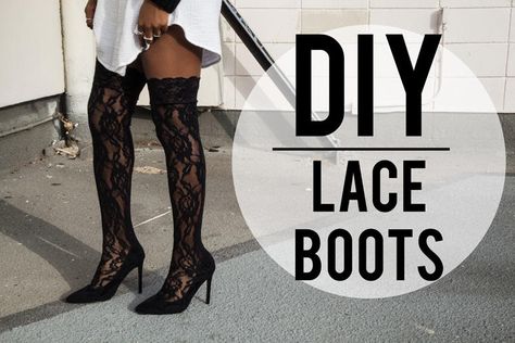 DIY: Lace Thigh High Boots Diy Lace Up Heels, Lace Thigh High Boots, How To Make Boots, Velvet Diy, Diy Lace Up, Crystal Boots, Upcycle Shoes, Diy Heels, Boots Diy