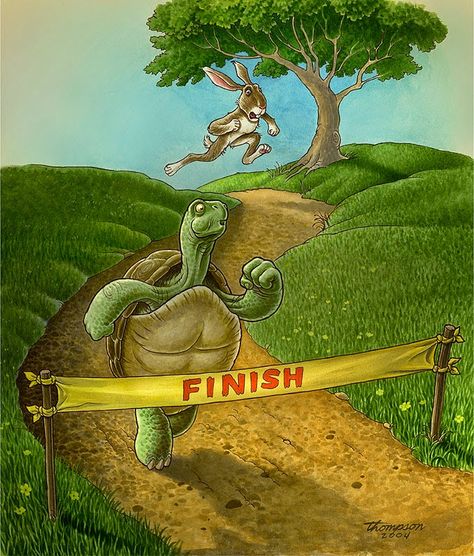 The Tortoise and the Hare, 2004, illustration by Thompson Rabbit And Tortoise, Hare Illustration, Yw Lesson, Cartoon Pics, Stories For Kids, Cute Illustration, Family History, Family Tree, Vintage Illustration