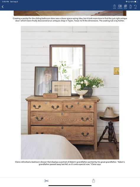 European Farmhouse Style Bedroom, Antique Wooden Dresser, French Country Dresser Decor, Old Farmhouse Bedroom Ideas, Antique Dresser Bedroom Decor, Cottage Core Dresser, Country Bedroom Ideas Farmhouse, Wooden Bedroom Ideas, Antique Farmhouse Bedroom