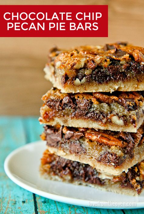 I love pecan pie.  I love chocolate.  How can you go wrong with chocolate chip pecan pie bars!  Can't wait to bake this recipe for fall! Chocolate Chip Pecan Pie, Desserts Bars, Pecan Pie Bar, Potluck Dessert, Pecan Pie Bars Recipe, Pie Bar Recipes, Pecan Bars, Diy Easy Recipes, Pecan Pie Bars