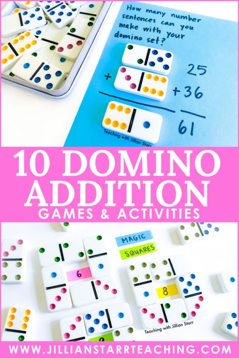 10 Domino Addition math center games and activities to add to your math centers. Dominoes are a highly underrated math manipulative. This post has tons of ideas for first grade, second grade, and third grade domino addition. There are lots of great ways to differentiate addition stations using dominoes. Domino Maths Activities, Second Grade Enrichment Activities, Math Activities For Second Grade, Addition And Subtraction Games 3rd Grade, Math Stations 2nd, Second Grade Math Activities, Addition Stations, Math Centers Second Grade, Math Games For 2nd Grade