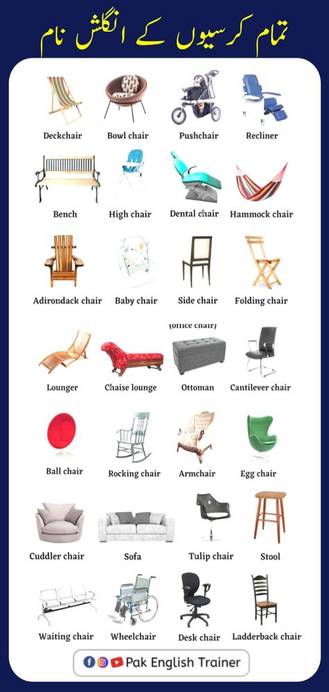 All kind of chairs and their names in English - names of all types of chairs in English - English Vocabulary Words to speak english everyday - Spoken English - daily life - Vocabs course in English - daily use English Vocabs in English Types Of Chairs Names, Bedroom Recliner, Types Of Chairs, English Everyday, English Names, Types Of Stairs, English Sentences, Speak English, English Vocabulary Words