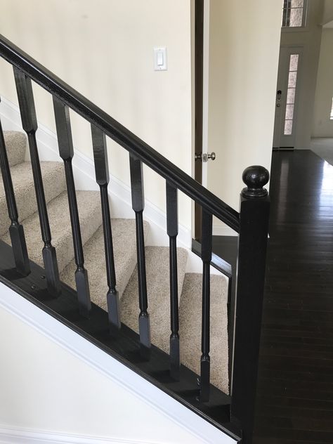 ESPRESSO RAIL WITH STAINED TRANSITIONAL SPINDLE Black Stair Case Ideas, Paint Basement Stairs, Black White Stairs, Staircase Nook, Painted Stair Railings, Cottage Stairs, Black And White Stairs, Basement Staircase, Black Railing