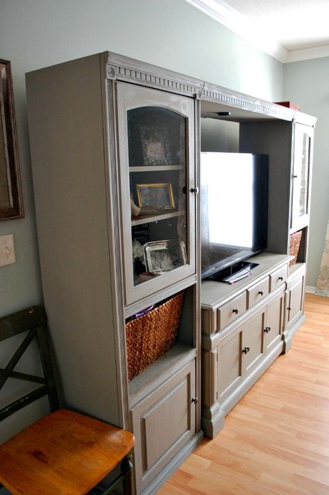 DIY Chalk Paint Entertainment Center Makeover - Miss Frugal Fancy Pants Makeover Entertainment Center, Painted Entertainment Centers, Diy Entertainment, Entertainment Center Makeover, Entertainment Center Redo, Entertainment Center Shelf, Entertainment Center Repurpose, Diy Chalk Paint, Diy Ikea Hacks