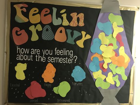 70s themed RA bulletin board Bulletin Board Ideas Back To School College, 70s Ra Bulletin Board, Ra Bulletin Board Themes, 70s Theme Bulletin Board, Wellness Ra Board, Ra Door Sign, Back To School Ra Bulletin Boards, Bulletin Board Ideas Special Education, Back To College Bulletin Boards