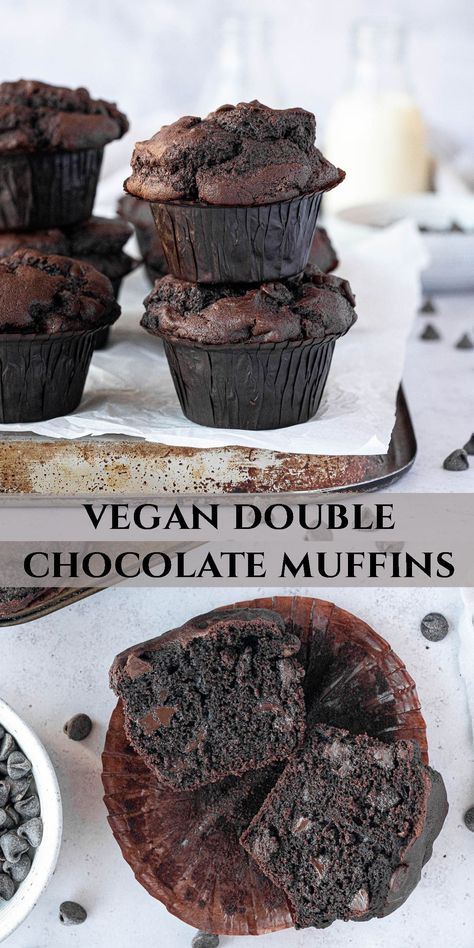 Vegan double chocolate muffins - these indulgent jumbo muffins are one for serious chocolate lovers! They are soft and fluffy with a rich chocolate flavour and plenty of chocolate chips. Easy to make and perfect for snacks and lunchboxes. Vegan Jumbo Muffins, Healthy Vegan Chocolate Muffins, Vegan Recipes Muffins, Dark Chocolate Muffins Recipes, Vegan Double Chocolate Muffins, Vegan Chocolate Recipe, Plant Snacks, Vegan Muffin Recipes, Vegan Muffin Recipe