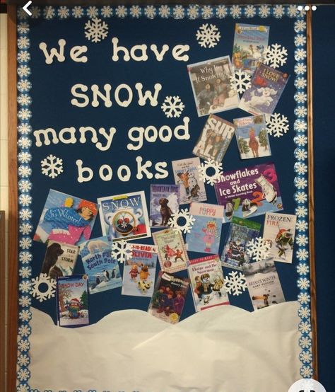 January Library Bulletin Boards, Winter Reading Bulletin Board Ideas, Winter Library Bulletin Boards, Library Puns, Library Sayings, Christmas Library Display, Winter Boards, Winter Library, Winter Displays