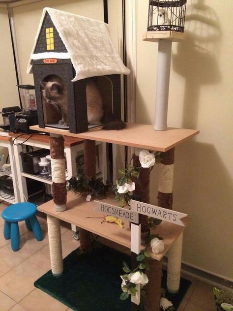 Harry Potter Cat House, Harry Potter Cat Tree, Cat Structures, Harry Potter Ideas, Harry Potter Cat, Cat Castle, Diy Harry Potter, Cat Towers, Cat Things