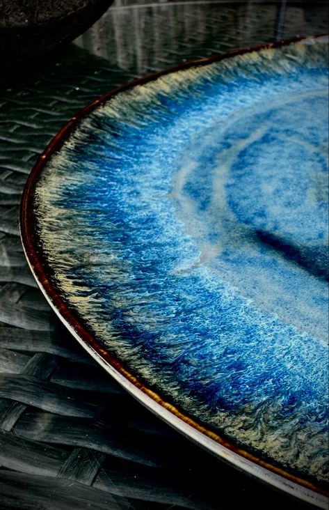 This is a large (11”) dinner plate from a new line I’m creating, just in time for Thanksgiving. Glazed with Amaco’s Sapphire Float x2 as base with 1x Blue Ritile over snd Ancient Jasper and a touch of Light Flux on the rim. Ceramic Bowls And Plates, Platter Glaze Ideas, Sapphire Float Glaze Combos, Amaco Sapphire Float Glaze Combinations, Amaco Glaze Combinations On Plates, Sapphire Float Glaze Combinations, Plate Glazing Ideas, Sapphire Float Glaze, Amaco Potters Choice Glaze Combinations