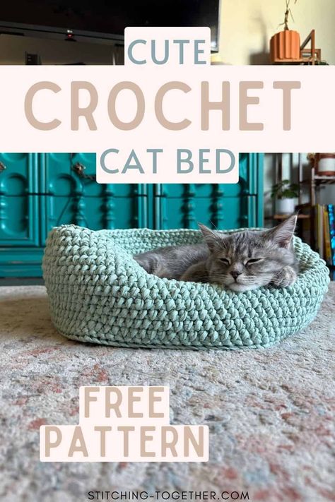 Get ready to make an easy crochet cat bed for your favorite feline friend. With simple stitches and construction, you'll have a cozy cat bed in no time. Of course it can be used for little dogs too. Grab your hooks and head to the free pattern to get started. Crochet Cat Toys Free Pattern Easy, Crochet For Cats, Diy Crochet Cat Bed, Cat Bed Pattern, Crochet Cat Bed, Crochet Pet, Crochet Cat Toys, Chat Crochet, Cat Garden