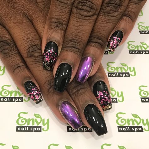 Purple Chrome, Pink, Gold, Glitter, Fading, Black, Coffin, Ballerina Nails - Envy Nail Spa Purple And Black Chrome Nails, Pink Glitter Fade Nails, Coffin Ballerina Nails, Glitter Fade Nails, Black Chrome Nails, Purple Chrome Nails, Chrome Pink, Purple Chrome, Purple Glitter Nails