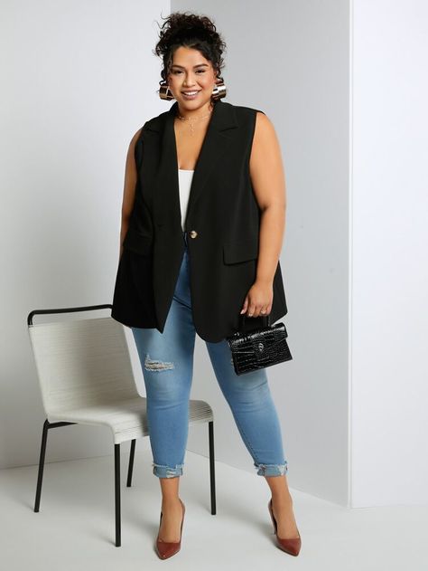 Gilet Plus Size, Plus Size Vest Outfits, Curvy Capsule Wardrobe, Blazer Vest Outfits For Women, Blazer Vest Outfit, Suit Vest Outfits For Women, Sleeveless Blazer Outfit, Green Vest Outfit, Black Vest Outfit