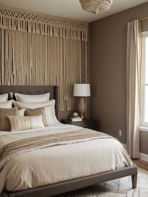 Create a stunning accent wall in your bedroom with a chic taupe color. Pair it with a trendy macrame wall hanging and stylish gold accessories for a modern and elegant touch. Taupe Accent Wall, Taupe Color, Gold Accessories, Macrame Wall, Macrame Wall Hanging, Accent Wall, Macrame, Wall Hanging, Bedroom