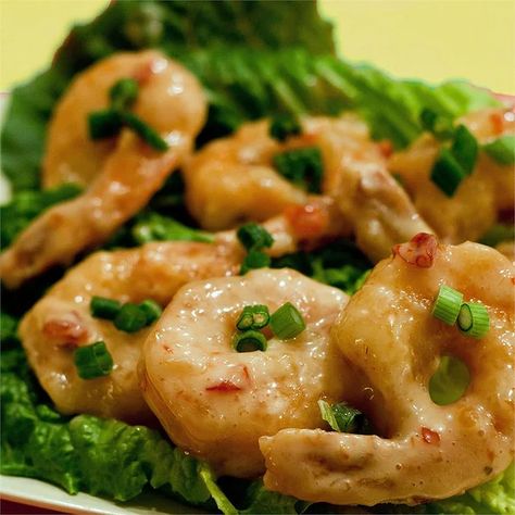 Mark's Shrimp Recipe | Allrecipes Bam Bam Shrimp, Mayonnaise Shrimp, Fry Shrimp, Jeff Mauro, Walnut Shrimp, Bang Bang Shrimp, Kitchen Confidential, Honey Walnut Shrimp, Random Recipes