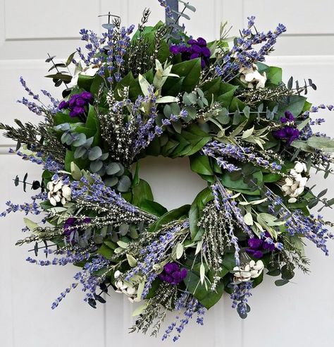 ****Note I will be on vacation from Feb. 21 through March 6, anything purchased during that time period will not be shipped until the week of March 10th. **** Purple lavender wreath is made using preserved green salal leaves, preserved dark green willow eucalyptus, preserved chartreuse teardrop Dried Flowers Wreath, Spiral Eucalyptus, Scottish Flowers, Dried Wreath, Preserved Eucalyptus, Purple Wreath, Indoor Wreath, Flowers Wreath, Lavender Wreath