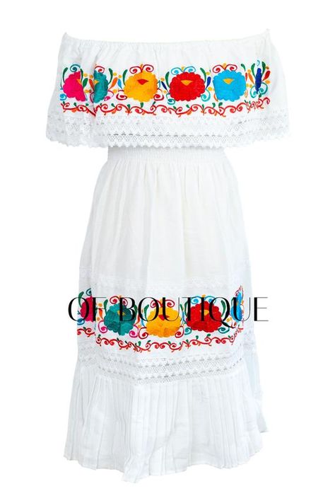 Women's Campesina Mexican Dress - White- Beautiful bold embroidery- Handmade- Fiesta attire- Poly/Cotton Blend***Note: Flower embroidery colors may vary from pictured.Measurements:SMALL/MEDIUMLength: 44" approximately from top of dress to bottomLARGE/XLLength: 48" approximately from top of dress to bottom Mexican Traditional Clothing, Puebla Dress, Spanish Clothing, Charro Quinceanera Dresses, Traditional Mexican Dress, Off Shoulder Style, Mexican Boho, Mexican Embroidered Dress, Wimbledon Fashion