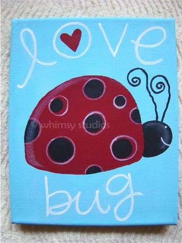 Valentines Paintings On Canvas, Ladybug Painting Easy, Valentines Canvas Painting Ideas, Valentine Paintings On Canvas, Love Bug Art Project, Ladybug Acrylic Painting, Bug Paintings On Canvas, Lady Bug Picture Art, Kids Canvas Painting