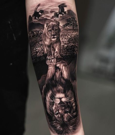 Jungle Lion Tattoo, Animal Arm Tattoo Men, Men’s Animal Tattoo Ideas, Lower Arm Sleeve Tattoos Men, Inside Of Forearm Tattoo, Lions Tattoo Men, Lion Reflection Tattoo, Safari Tattoo Ideas, Animal Tattoos For Men Forearm