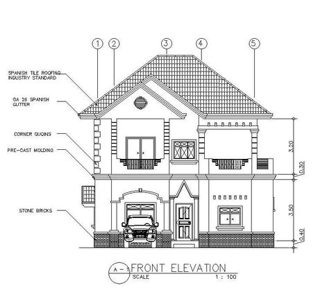 Front elevation and section details of the G+1 house AutoCAD DWG drawing file is provided. Download the AutoCAD 2D DWG file. - Cadbull Elevation Designs For House Drawing, Autocad Elevation Drawings, Elevation Plan Architecture, Plan Elevation Section Of House, Plan Section Elevation Drawings, 2d Elevation Design, 2d Plan Autocad, Front Elevation Drawing, Front Elevation Designs Modern