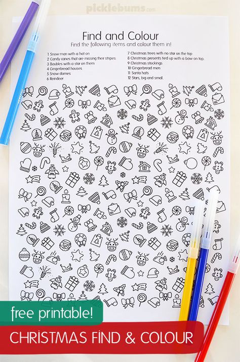 Free Christmas find and color sheet. Fun early finisher or snowy day activity for kids! Christmas Seek And Find Printables, Christmas Activities For School Age Kids, Seek And Find Printables, Find And Color, Color Activity, Free Printable Activities, Printables For Kids, Christmas School, Christmas Classroom