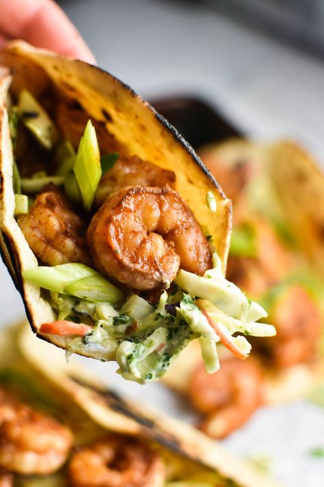 Healthy Shrimp Tacos with Creamy Cilantro Slaw Shrimp Taco Slaw, Taco Slaw, Slaw For Shrimp Tacos, Chipotle Marinade, Healthy Shrimp Tacos, Cilantro Slaw, Foods For Migraines, Shrimp Taco, Spicy Shrimp Tacos