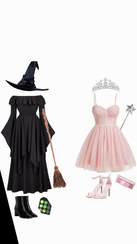 The Good Which Costume, Glinda The Good Witch Halloween Costume, Galinda Wicked Costume, Elphaba Outfit Ideas, Elfaba And Glinda Costumes, Galinda The Good Witch Costume, Elfaba Costume, Glinda Outfit Wicked, Good And Bad Witch Costumes