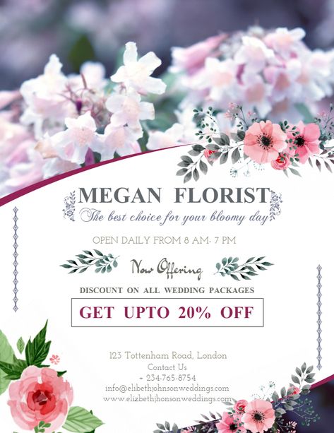 Wedding florist service flyer poster design template. Florist Flyer Design, Florist Poster Design, Florist Advertising Design, Florist Flyer, Event Planning Flyer, Template Undangan, Wedding Poster Design, Event Planning Portfolio, Event Planning Timeline