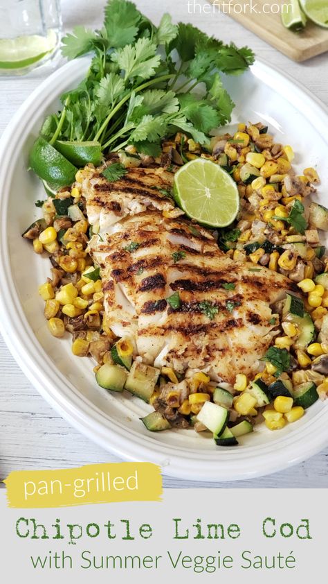 Mexican Cod Recipes, Grilled Cod Recipes, Cod Recipes Healthy, Easy Fish Dinners, Appetizers Seafood, Seafood Appetizers Easy, Corn Zucchini, Grilled Cod, Skillet Corn