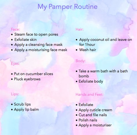 What Do You Need For A Spa Day At Home, Weekly Pamper Routine, Pamper Yourself Ideas, Pamper Checklist, Spa Night Party, Spa Night At Home, Face Makeup Steps, Pamper Day, Grimoire Ideas