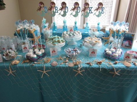 Candy table - mermaid themed birthday party | For this party I made Cake balls covered in chocolate and shimmer dust ... Beach Theme Party Decorations, Beach Birthday Party, Beach Party Decorations, Sea Baby Shower, Sea Birthday Party, Mermaid Theme Party, Mermaid Baby Showers, Beach Themed Party, Mermaid Parties