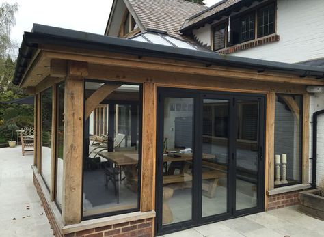 Timber Frame Conservatory, A Frame With Extension, Garden Room Exterior, Oak Extension Ideas, Timber Extension Ideas, Oak Conservatory, Summer Rooms, Oak Extension, Timber Extension