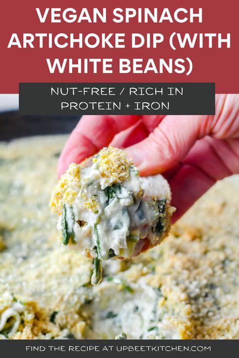 Rather than relying on cashews, this vegan spinach artichoke dip uses white beans as a creamy base and offers lots of protein, fibre, and iron for a healthy game day snack. Artichoke White Bean Dip, Vegan Artichoke White Bean Dip, White Bean Artichoke Dip, White Bean Dip Vegan, Bean Dip Vegan, Vegan Artichoke Dip, White Bean Spinach, Vegan Spinach Dip, Vegan Spinach Artichoke Dip