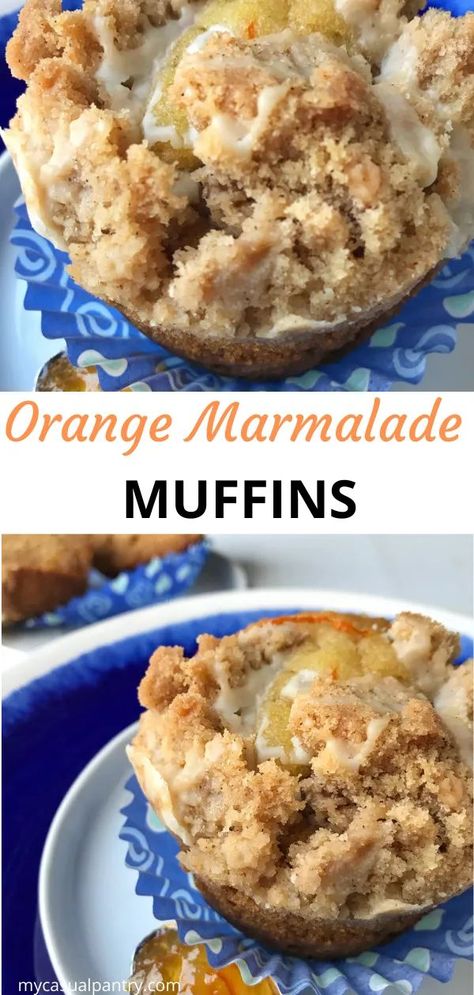 Orange-filled muffins topped with a delicious crumb topping and a powdered sugar glaze. | mycasualpantry.com #breakfast #brunch #muffins #orange Orange Marmalade Muffins, Marmalade Muffins, Brunch Muffins, Orange Marmalade Recipe, Powdered Sugar Glaze, Blueberry Syrup, Filled Muffins, Sugar Glaze, Orange Marmalade