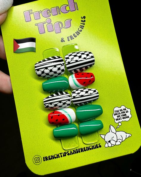 🇵🇸 ♥️ ••••••••••••••••••••••••••••••• @frenchtipsandfrenchies Luxury press on nails that are hand painted and customized just for you. These are durable press ons that will last 2+ weeks and are reusable! Send me a DM to start your order today 💌 #pressonnails #pressons #pressonnailsforsale #nailsofinstagram #nailart #nailinspo #gelpolish #gelnails #kokoist #nailartist #zillabeau #haenails #dndgel #fiote #watermelonnails #opi #keffiyehnails #keffiyeh #palestinenails #nailthoughts #gelx #mich... Watermelon Nails, Luxury Press On Nails, Press Ons, Nail Artist, Gel Polish, Press On Nails, Nail Inspo, Send Me, Gel Nails