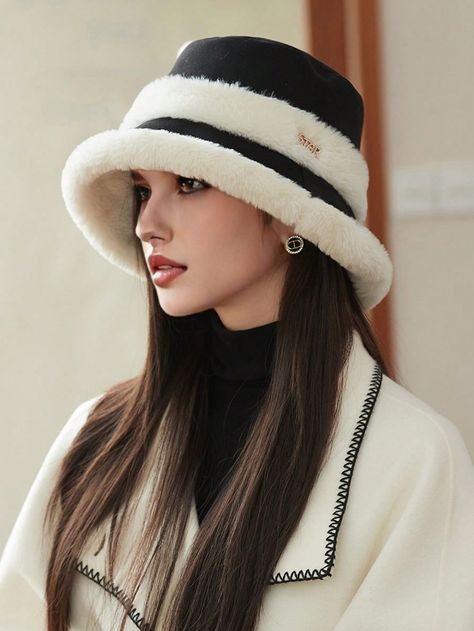 Winter Hat Outfits For Women, Elegant Wide Brim Winter Bucket Hat, Cheap Winter Bucket Hat, Chic Winter Bucket Hat With Curved Brim, Winter Bucket Hat With Faux Fur Lining, Faux Fur Lined Brimmed Bucket Hat, Winter Hat Outfit, Patchwork Bucket Hat, Earflap Beanie