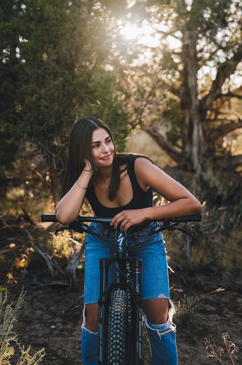 Mountain bike senior portrait Mountain Bike Pictures, Bike Senior Pictures, Mountain Bike Photography, Vacation Poses, Bike Skirt, Sr Pictures, Mountain Biking Photography, Bike Pictures, Bike Photography