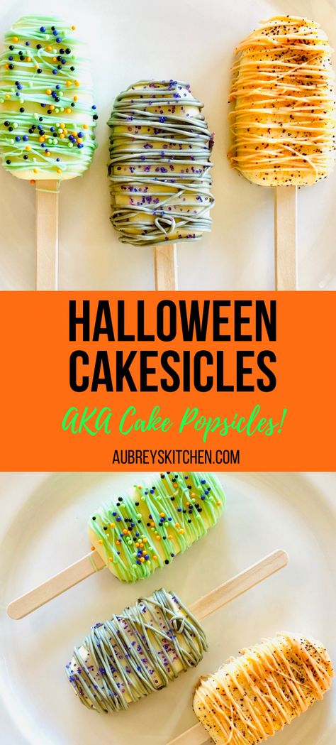 Different decorated Halloween cake Popsicles (cakesicles) Cakesicle Flavors, Cake Popcicles Recipes, Halloween Cake Popsicles, Pumpkin Cakesicles, Halloween Cake Pops Ideas, Cookie Pucks, Halloween Cakesicles, Popcicles Recipes, Pumpkin Frankenstein