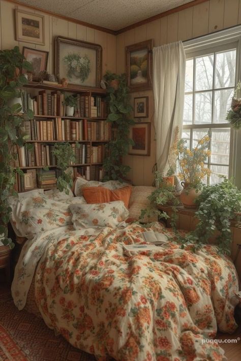 Small Bedroom Cottagecore, Bedroom Library Ideas Small, Cottage Room Ideas Aesthetic, Hobbitcore Bedroom, Bedroom With Bookshelves, Fairytale House Interior, Grandma Core Bedroom, Cottagecore Bedroom Aesthetic, Vintage Bookshelves