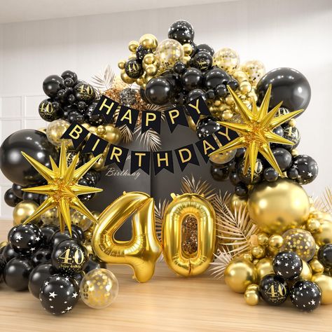 PRICES MAY VARY. 【40th Birthday Decoration Kit】: You will get 152pcs in total, includes 143 black and gold balloons in 18/12/10/5 inch different size pack, 1 set of happy birthday banner, 2pcs “4”“0”foil balloons, 2pcs starburst soil balloons,4pcs balloon tools. 【High-Quality Material】: The 40th black and gold birthday party decorations set are unlikely to burst, safe to use for both adults and children. The latex balloons can be filled with air or helium, balloon pump is recommended. 【Balloon Arch Tools】: We provide 4 tools to help you create balloon arch,including 2 ribbons, dot glue, decorative strip. For 40 foil balloons and starburst foil balloons, we offered a pipe for you, so you can blow the foil balloons by your mouth. 【Applicable Occasions】: 40th birthday party decorations are de Husband Birthday Decorations, 60th Birthday Balloons, 40th Birthday Balloons, 50th Birthday Balloons, Gold Birthday Party Decorations, 60th Birthday Party Decorations, Birthday Decorations At Home, 60th Birthday Decorations, 40th Birthday Party Decorations