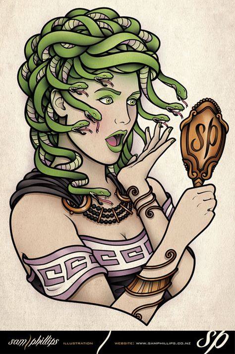 Medusa Mirror by Sam-Phillips-NZ on DeviantArt Medusa Mirror, Greek Monsters, Old School Design, Sam Phillips, Girl Power Tattoo, Feminine Symbols, Medusa Art, Power Tattoo, Medusa Tattoo