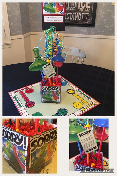 SORRY game board theme party centerpiece Game Themed Table Decor, Relay For Life Board Game Theme, Centerpieces For Game Night, Game Party Centerpieces, Game Night Theme Party Decorations, Game Themed Centerpieces, Trivia Party Decorations, Board Game Center Piece, Game Centerpieces Ideas