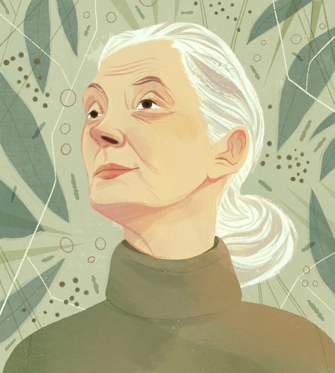 Jane Goodall Portrait, Jane Goodall Art, Grandma Illustration, Woman Portrait Illustration, Portrait Illustration Art, Illustrated Portraits, Person Illustration, A Cartoon Character, Nature And Animals