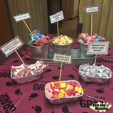 Graduation party candy saying snack table idea Preschool Graduation Snacks, Graduation Snacks Ideas, Graduation Snack Table, Graduation Snacks, Candy Bar Sayings, Graduation Candy Table, Candy Buffet Signs, Graduation Candy Buffet, Graduation Candy Bar