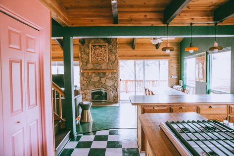 Modern 70s Home Kitchen, 70s Cabin, Modern 70s Home, Arnold California, Painted Wood Floor, Cabin Renovation, Painted Wood Floors, 70s Home, Vinyl Floor