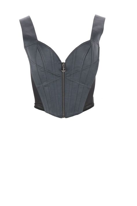 Find VIVIENNE WESTWOOD Top on Editorialist. Vivienne Westwood's corset crafted in grey linen blend with side mesh panels. It features sweetheart neckline, front zip closure embellished by metal Orb logo, band straps, reinforced bodice, curved hem longer at front and partial lined interior with Rubbish print. Vivienne Westwood Top, Vivienne Westwood Corset, Westwood Corset, Vivienne Westwood Tops, Planet People, Gray Linen, Moss Green, Logo Embroidery, Knitwear Women